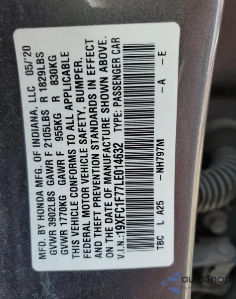 2020 Honda Civic Exl из США, поврежденный, VIN 19XFC1F77LE014632